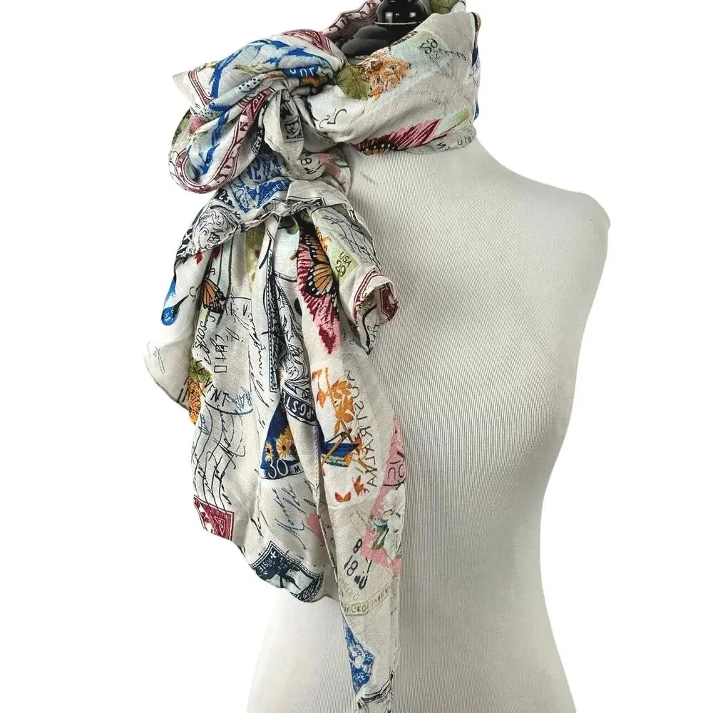 Vintage Postage Stamp Bird Butterfly Travel Print Oblong Scarf Wrap Shawl